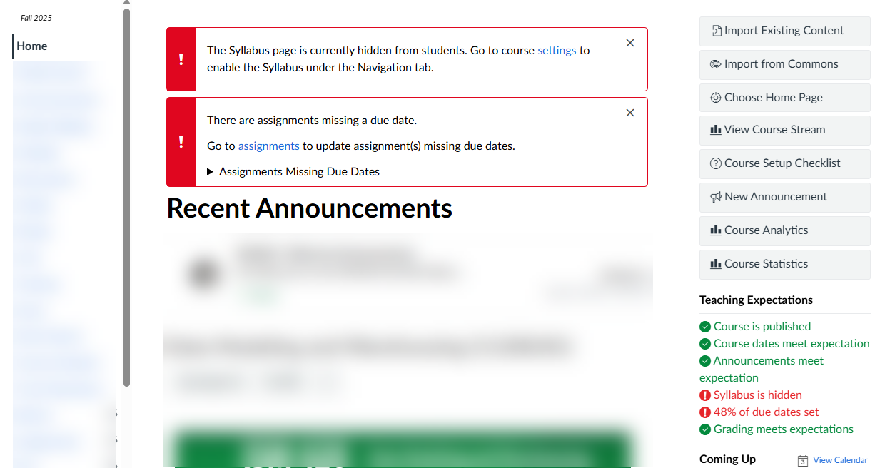 teaching expectations unmet - need to enable syllabus in navigation and add missing due dates